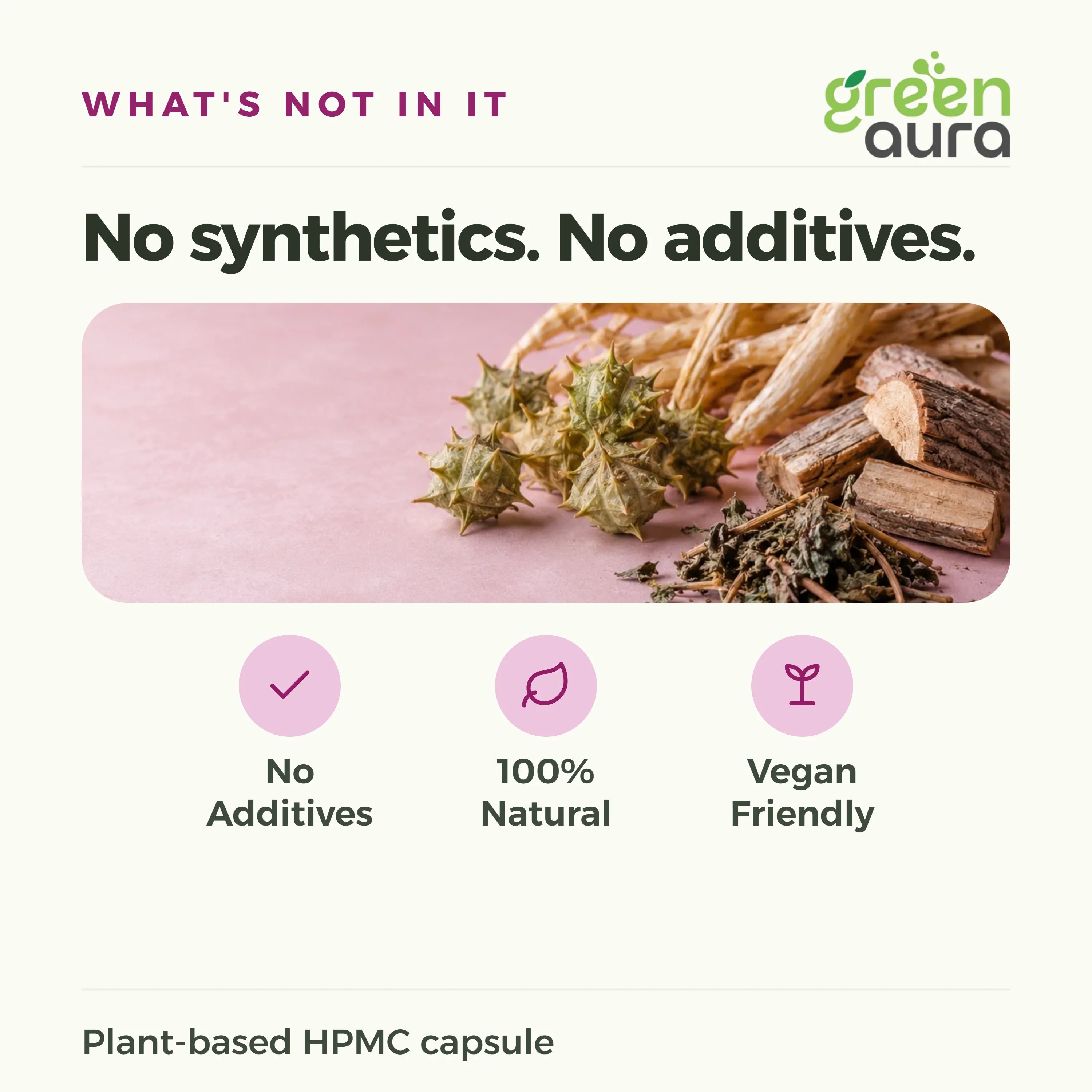 No synthetics, no additives: herbs and capsules, plant-based HPMC capsule